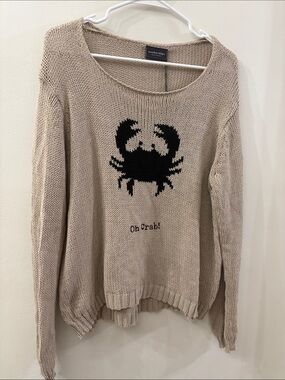 Wooden Ships Beige Knit Scoop-Neck Sweater with Black Crab Motif - NWT